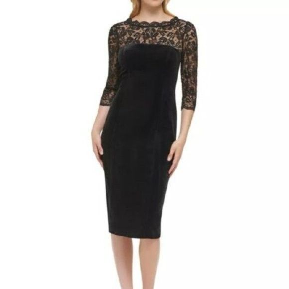 Eliza J Dresses & Skirts - Eliza J Lace Sleeve Cocktail Dress Black Ruched Sheath Size 10 NWT Nordstrom